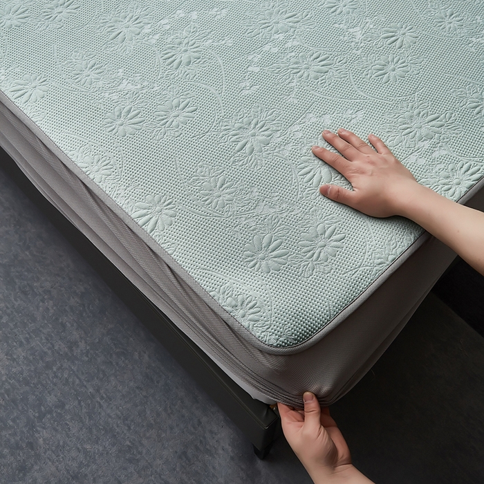 91家纺网 家纺一手货源 找家纺 库里梦家纺 2026新款轻奢高克重复合PE高分子凉席床笠三件套-素瑾 素瑾-绿色床笠款