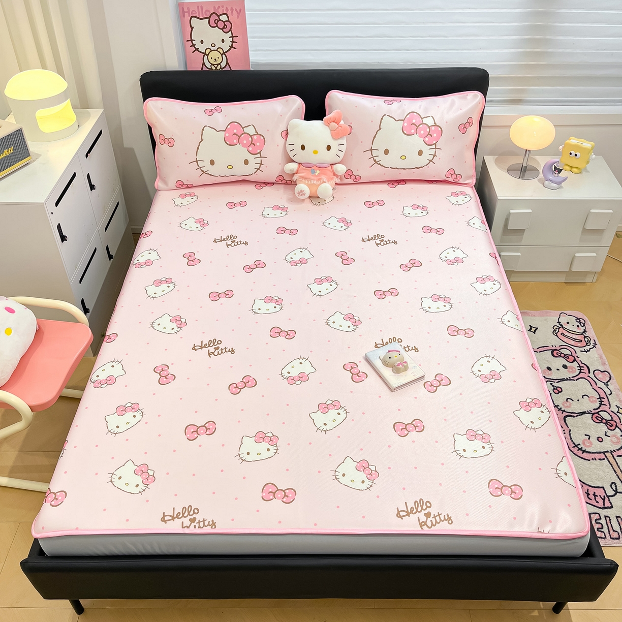 91家纺网 家纺一手货源 找家纺 暮思家居 2026新款三丽鸥正版授权数码印花A类可机洗1200D冰丝凉席三件套床笠款系列 床笠款-可爱KT