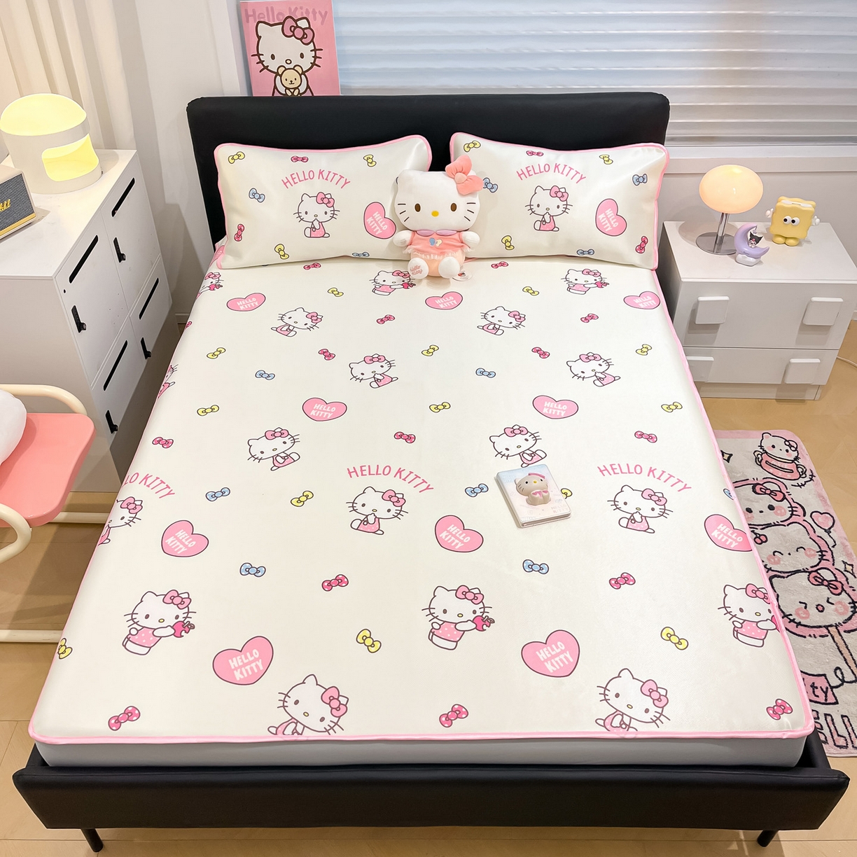 91家纺网 家纺一手货源 找家纺 暮思家居 2026新款三丽鸥正版授权数码印花A类可机洗1200D冰丝凉席三件套床笠款系列 床笠款-公主KT