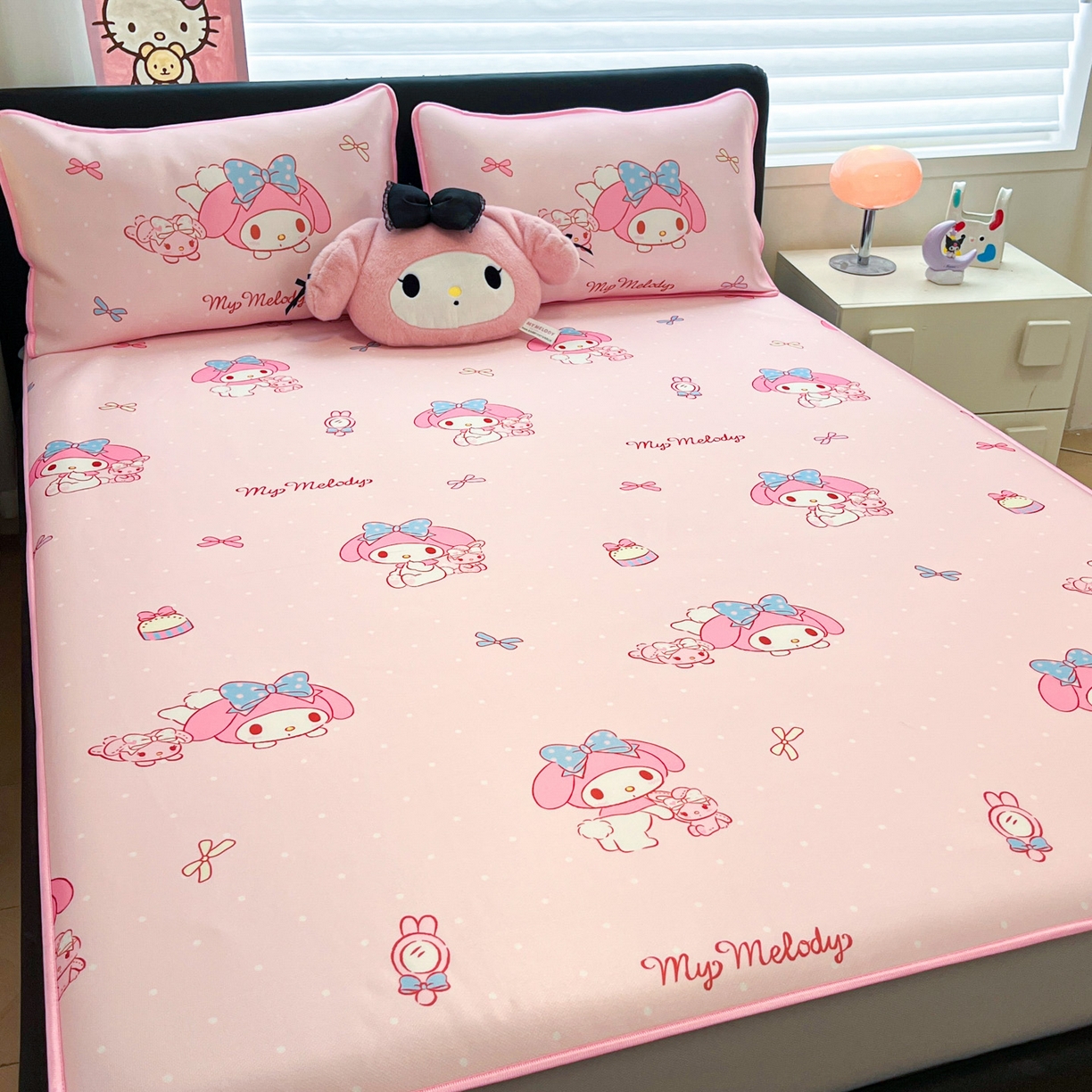 91家纺网 家纺一手货源 找家纺 暮思家居 2026新款三丽鸥正版授权数码印花A类可机洗1200D冰丝凉席三件套床笠款系列 床笠款-蝴蝶结美乐蒂