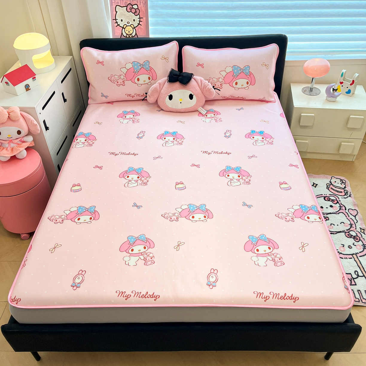 91家纺网 家纺一手货源 找家纺 暮思家居 2026新款三丽鸥正版授权数码印花A类可机洗1200D冰丝凉席三件套床笠款系列 床笠款-蝴蝶结美乐蒂