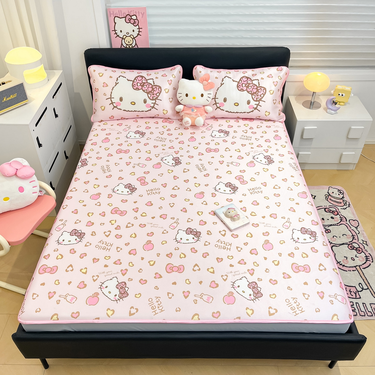 91家纺网 家纺一手货源 找家纺 暮思家居 2026新款三丽鸥正版授权数码印花A类可机洗1200D冰丝凉席三件套床笠款系列 床笠款-凯蒂乐园