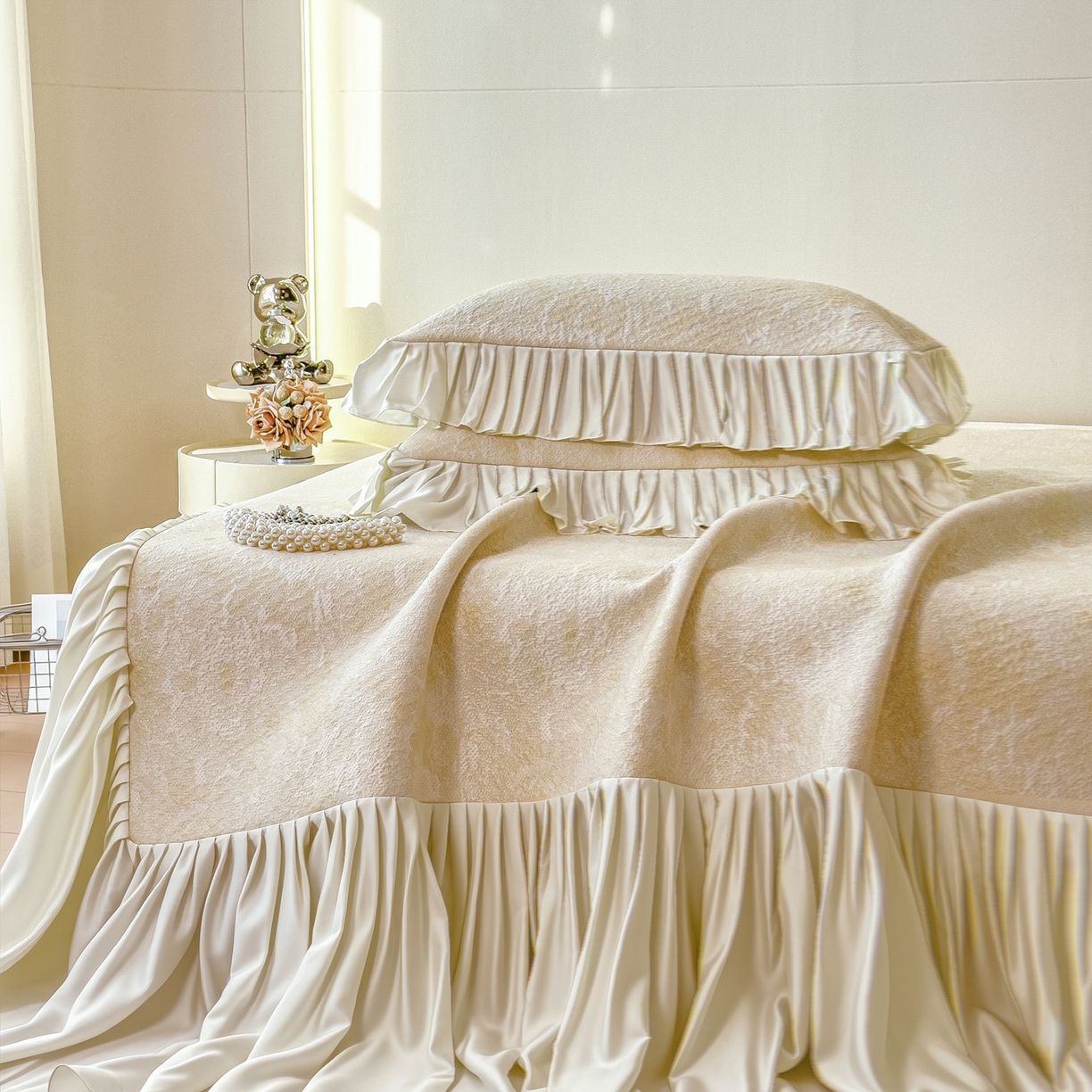 91家纺网 家纺一手货源 找家纺 （总）孩子王家纺 2026新款法式风冰豆豆凉席夏天冰丝席凉感值过0.21夏季可机洗家用软席床裙款A