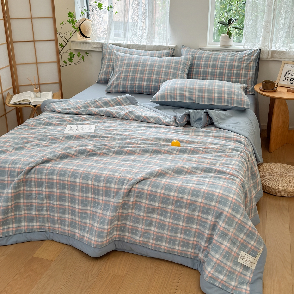 91家纺网 家纺一手货源 找家纺 雯雨家纺 2026新款A类全棉色织里外全棉夏被 印象蓝