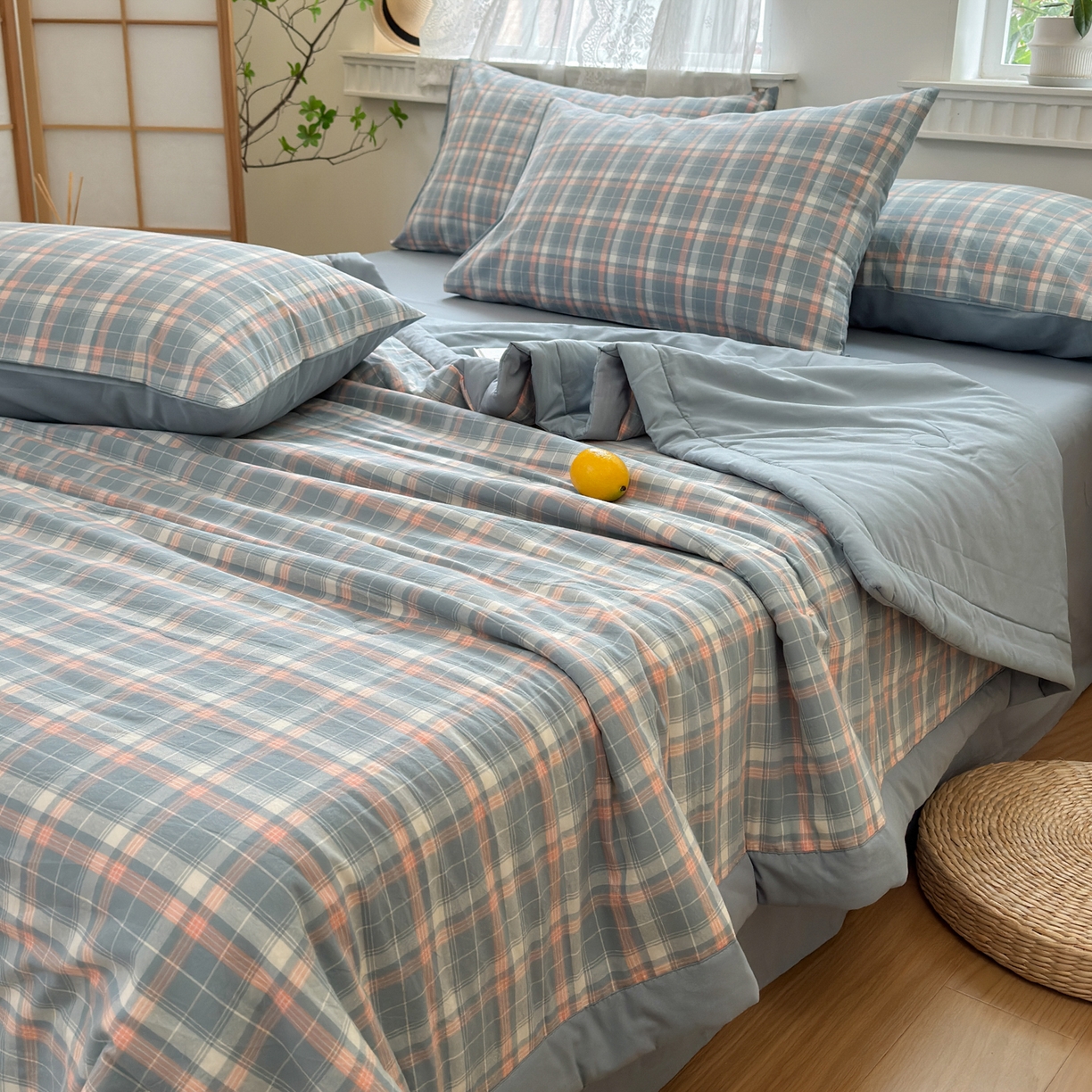 91家纺网 家纺一手货源 找家纺 雯雨家纺 2026新款A类全棉色织里外全棉夏被 印象蓝