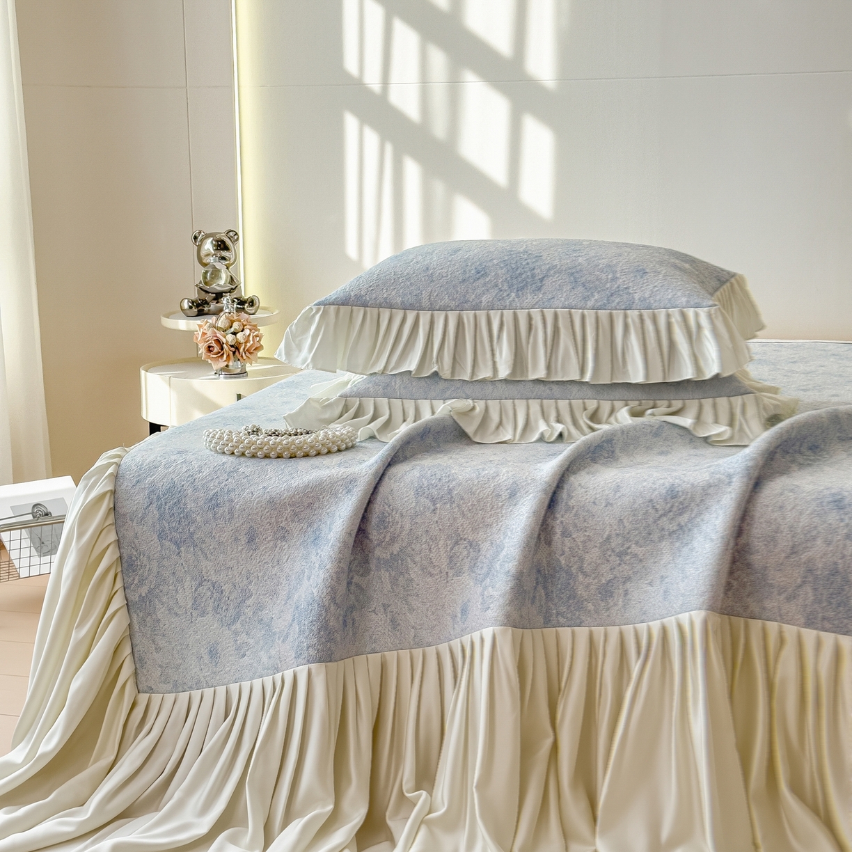 孩子王家纺 2026新款法式风冰豆豆凉席夏天冰丝席凉感值过0.21夏季可机洗家用软席床裙款A 花园布鲁蓝