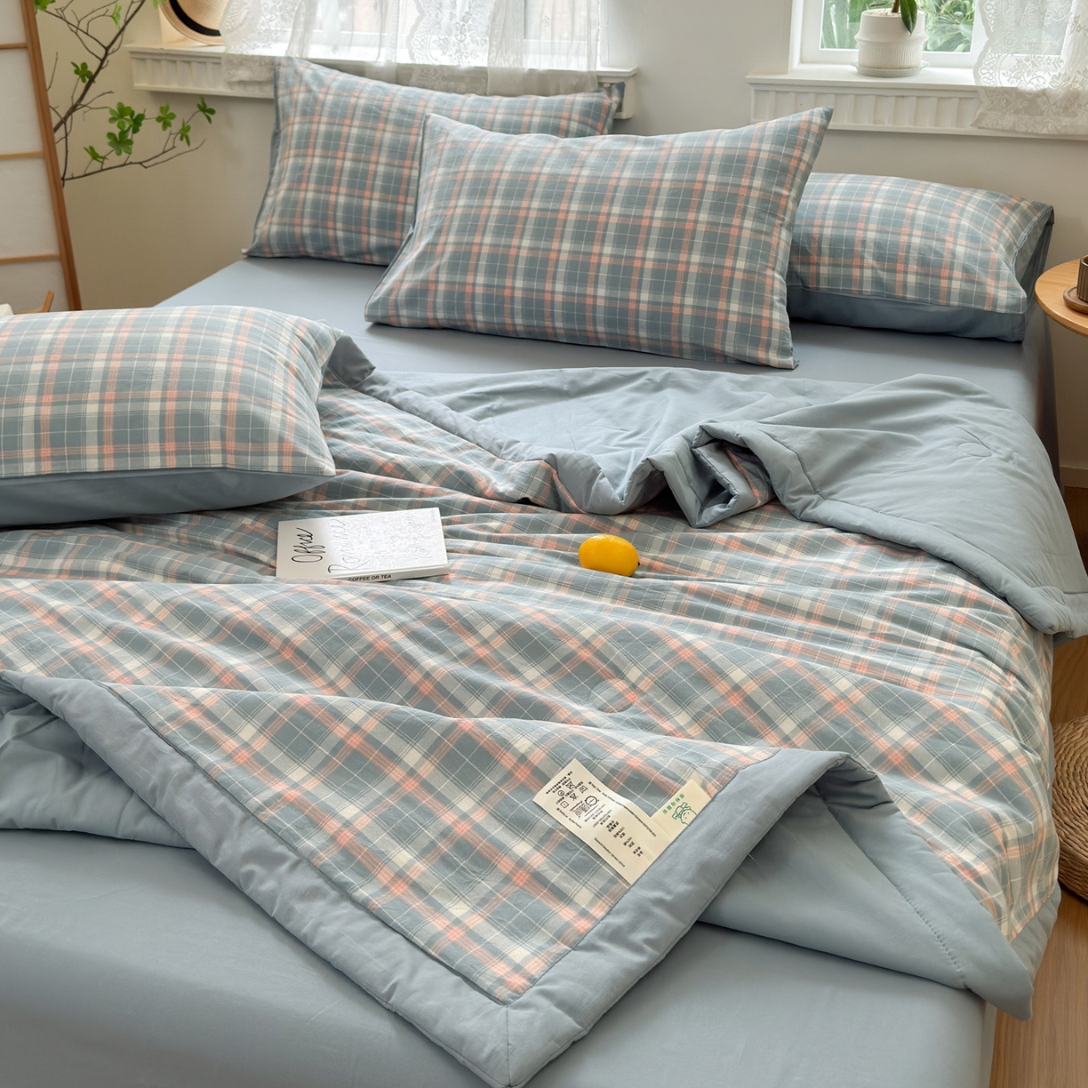 91家纺网 家纺一手货源 找家纺 雯雨家纺 2026新款A类全棉色织里外全棉夏被 印象蓝