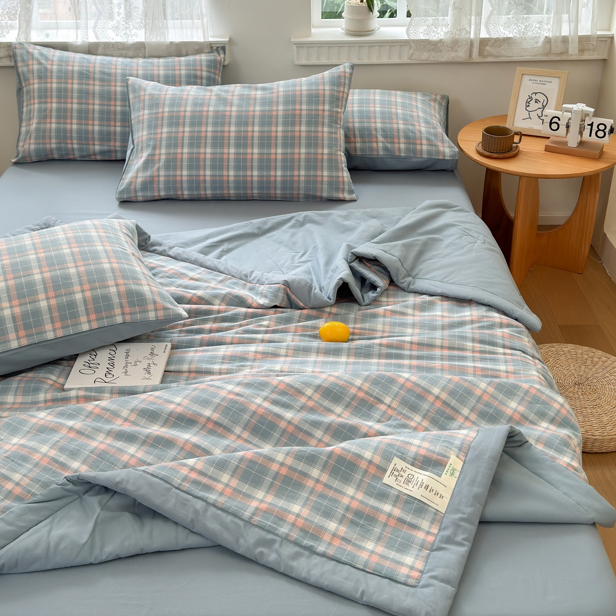 91家纺网 家纺一手货源 找家纺 雯雨家纺 2026新款A类全棉色织里外全棉夏被 印象蓝