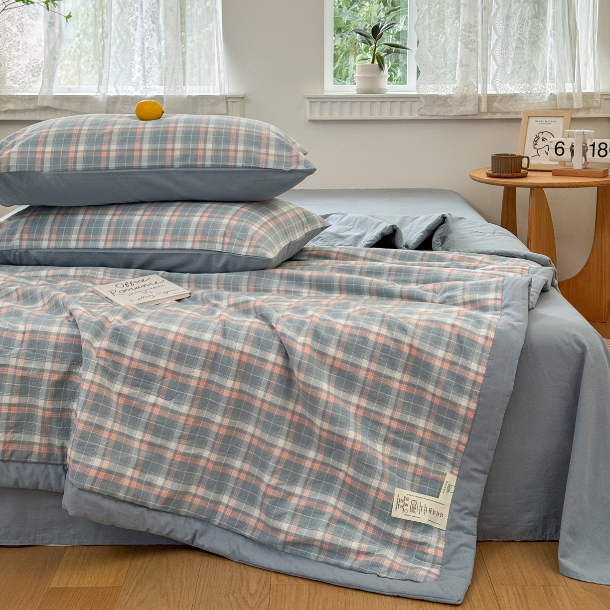 91家纺网 家纺一手货源 找家纺 雯雨家纺 2026新款A类全棉色织里外全棉夏被 印象蓝