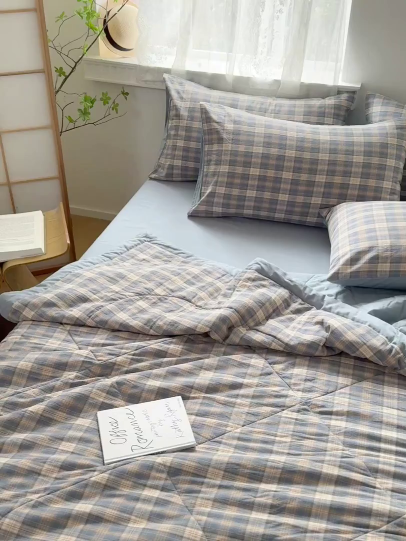 91家纺网 家纺一手货源 找家纺 雯雨家纺 2026新款A类全棉色织里外全棉夏被 印象蓝