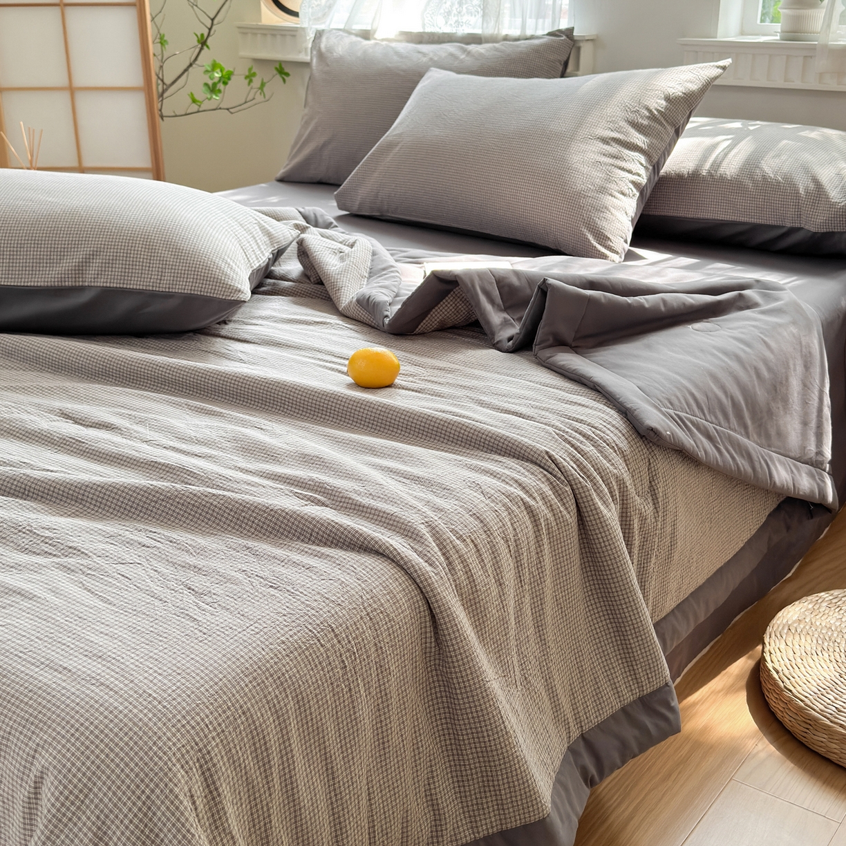 91家纺网 家纺一手货源 找家纺 雯雨家纺 2026新款A类全棉色织里外全棉夏被 安格尔浅灰