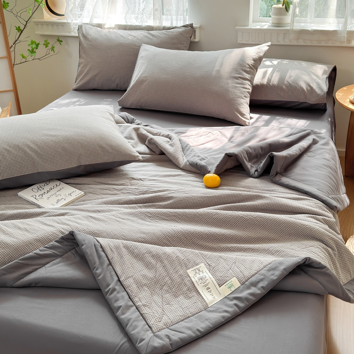 91家纺网 家纺一手货源 找家纺 雯雨家纺 2026新款A类全棉色织里外全棉夏被 安格尔浅灰