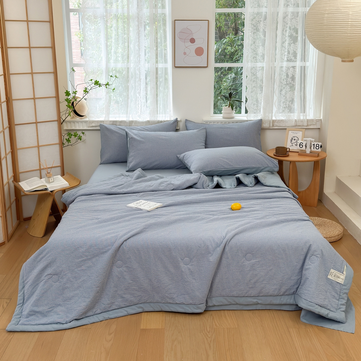 91家纺网 家纺一手货源 找家纺 雯雨家纺 2026新款A类全棉色织里外全棉夏被 安格尔浅蓝