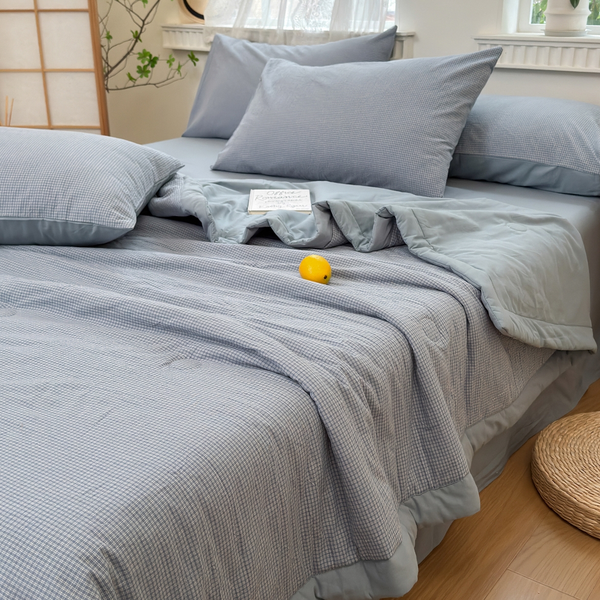 91家纺网 家纺一手货源 找家纺 雯雨家纺 2026新款A类全棉色织里外全棉夏被 安格尔浅蓝