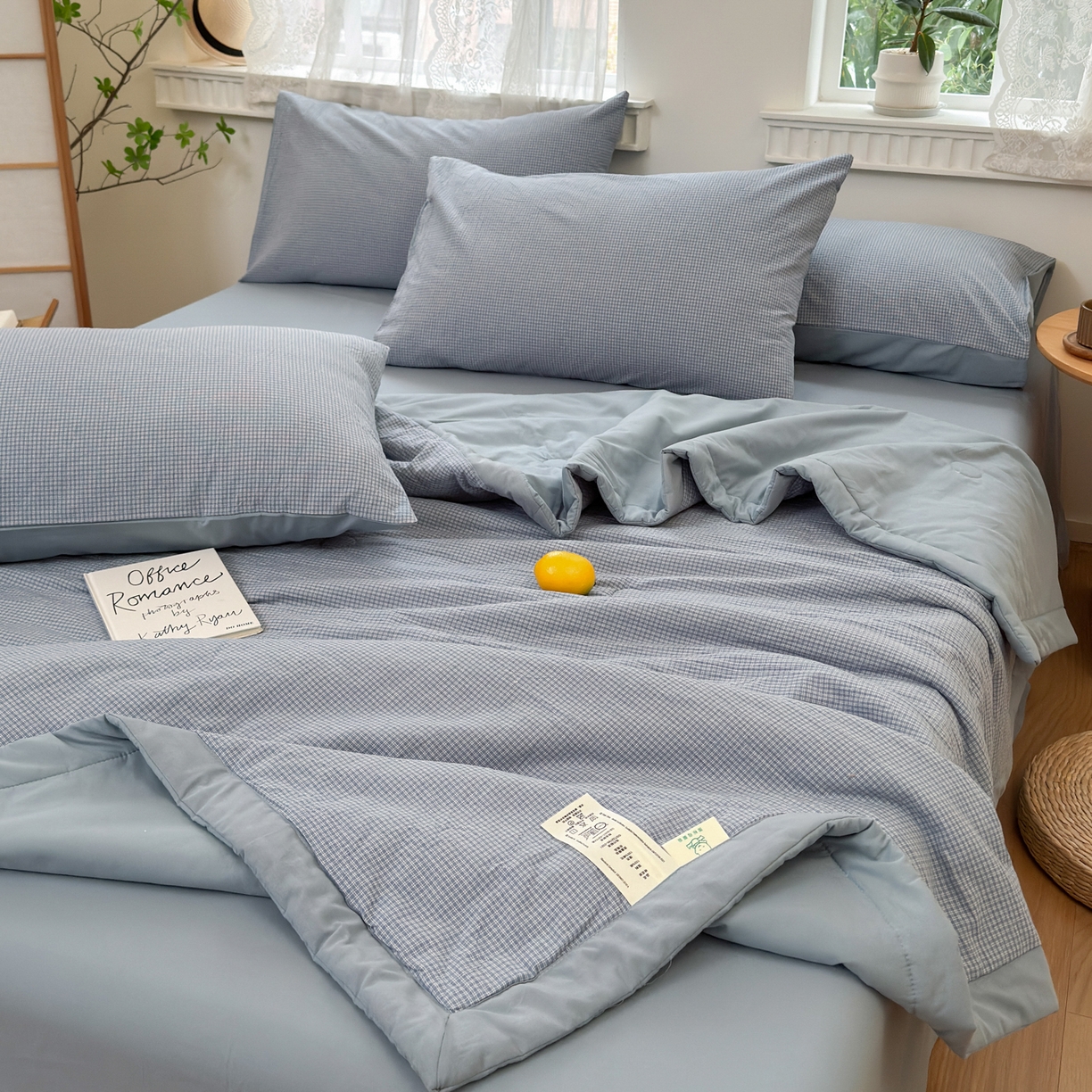 91家纺网 家纺一手货源 找家纺 雯雨家纺 2026新款A类全棉色织里外全棉夏被 安格尔浅蓝