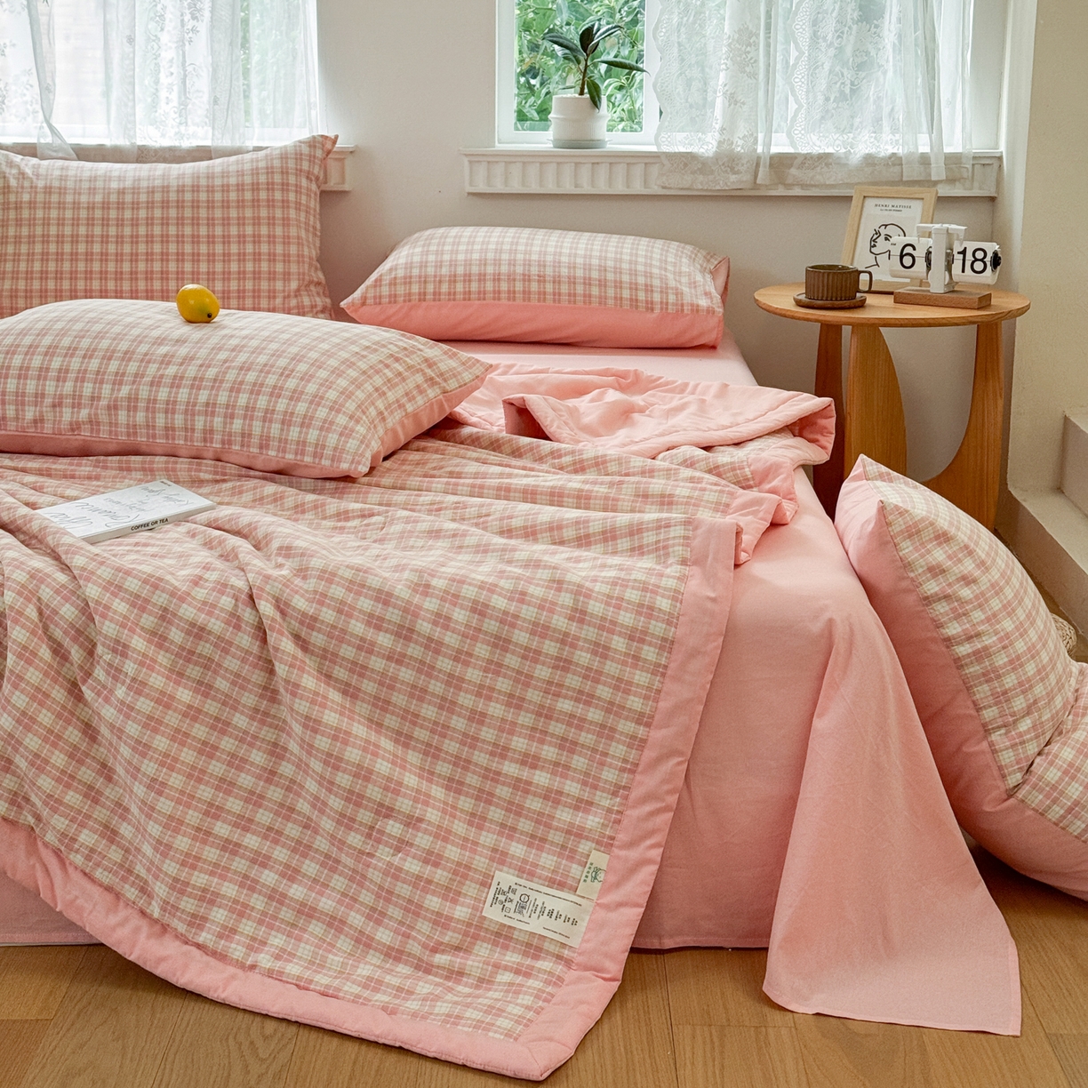 91家纺网 家纺一手货源 找家纺 雯雨家纺 2026新款A类全棉色织里外全棉夏被 朵拉粉