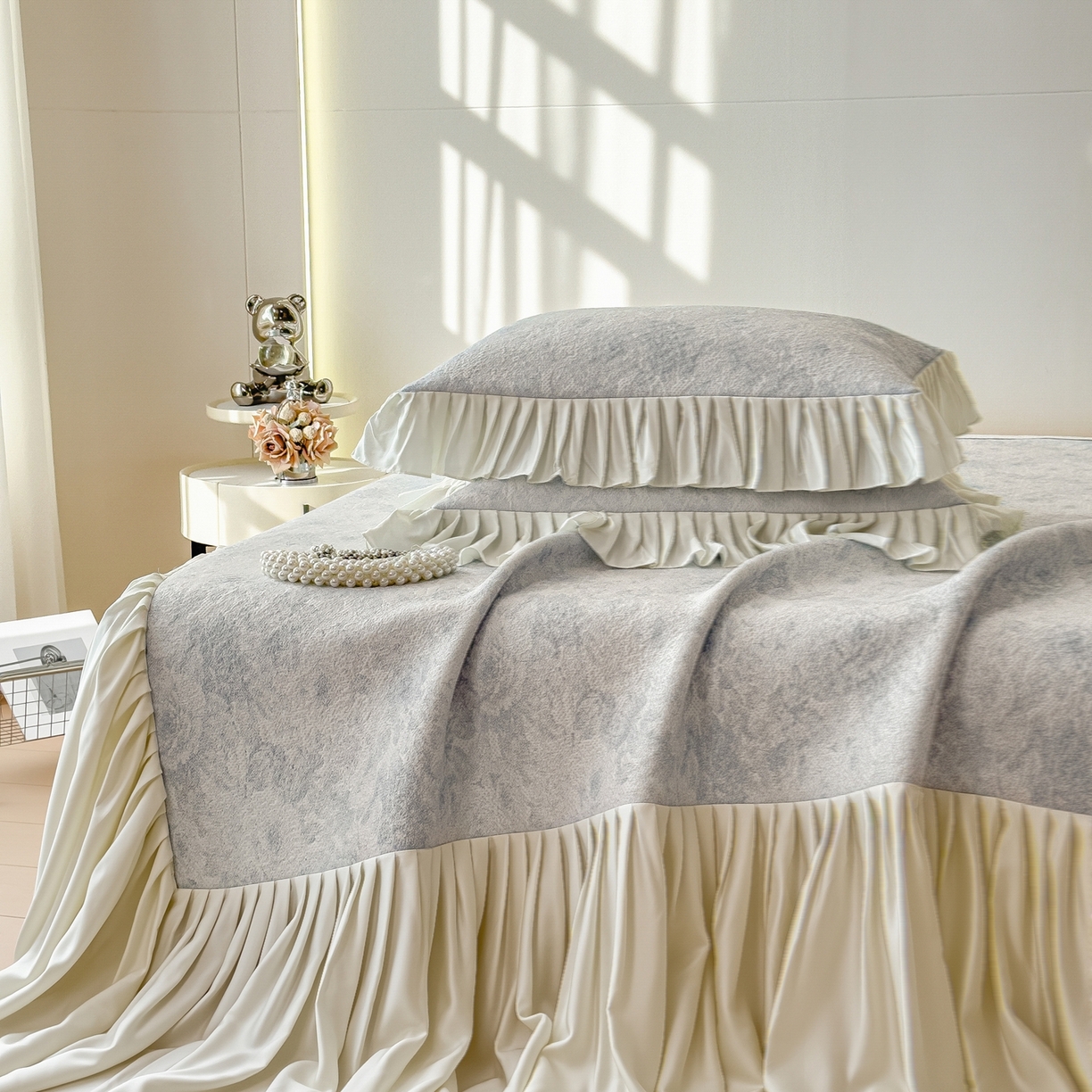 孩子王家纺 2026新款法式风冰豆豆凉席夏天冰丝席凉感值过0.21夏季可机洗家用软席床裙款A 玫瑰暗夜灰