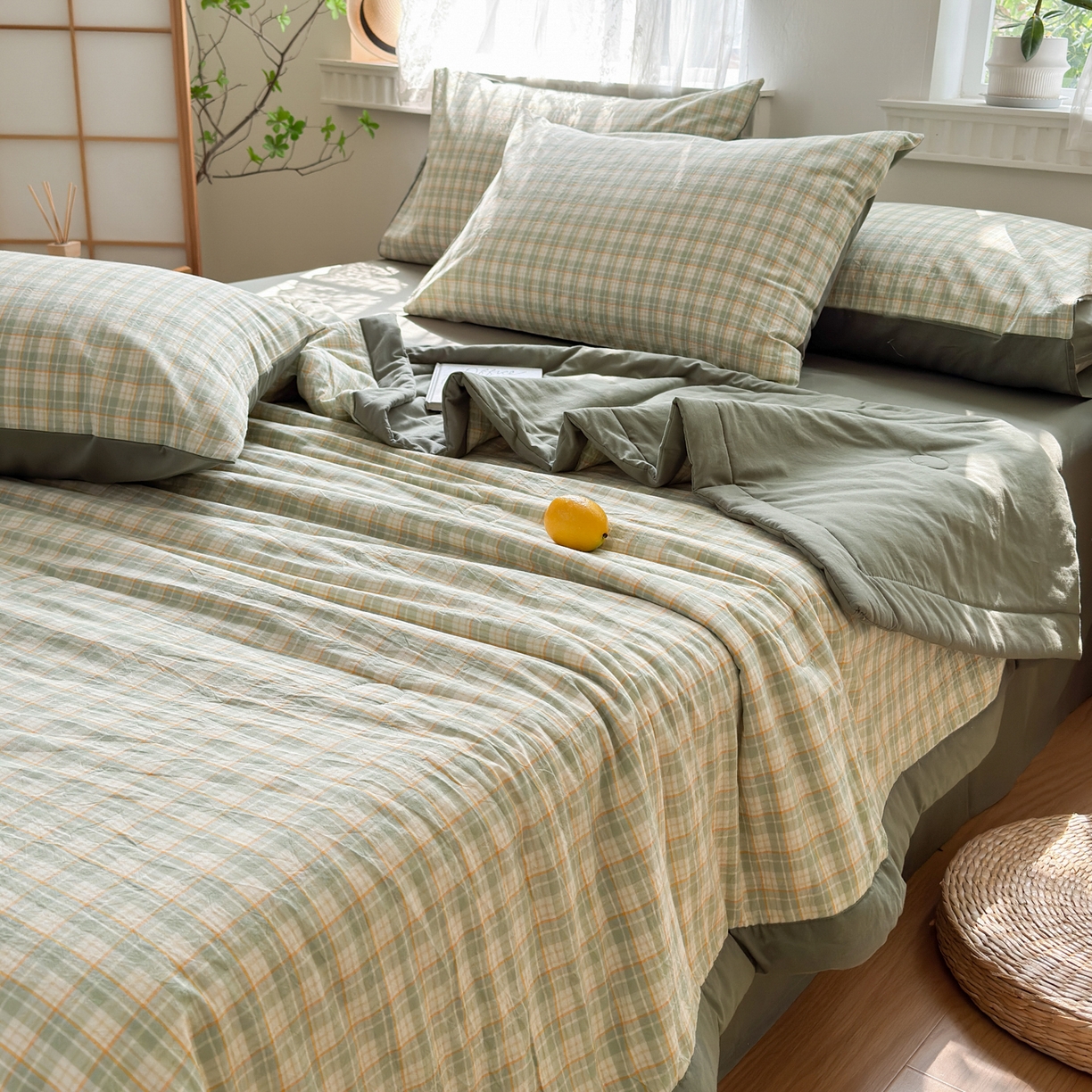 91家纺网 家纺一手货源 找家纺 雯雨家纺 2026新款A类全棉色织里外全棉夏被 朵拉绿