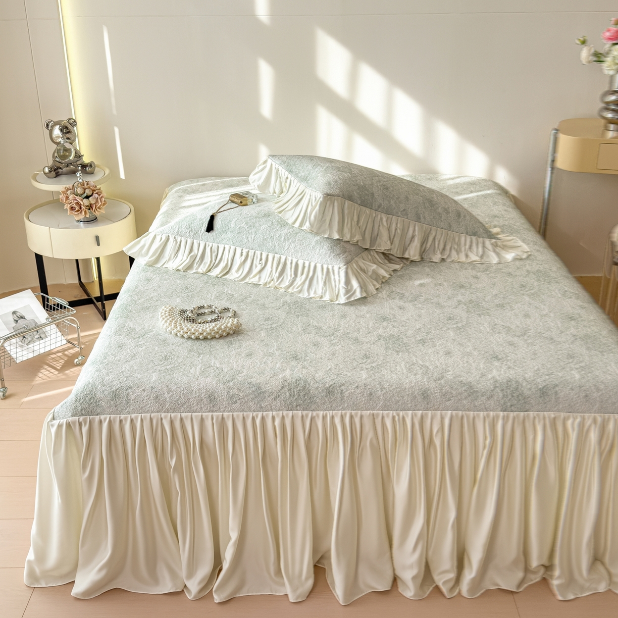 91家纺网 家纺一手货源 找家纺 孩子王家纺 2026新款法式风冰豆豆凉席夏天冰丝席凉感值过0.21夏季可机洗家用软席床裙款A 玫瑰薄荷绿