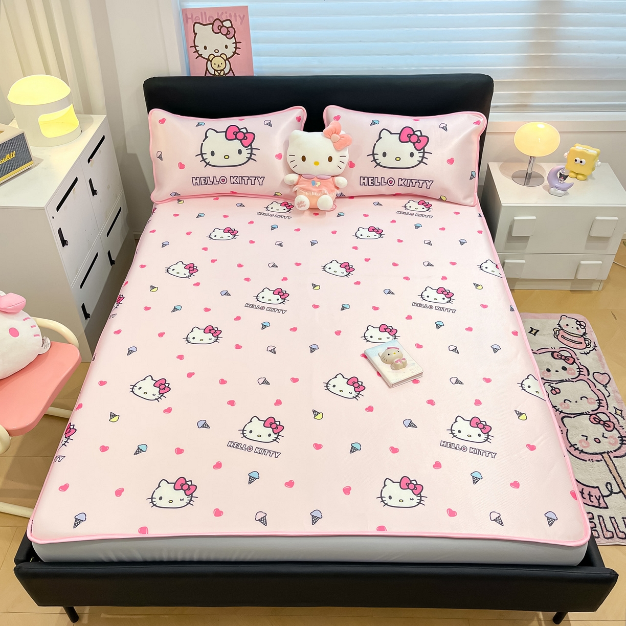 91家纺网 家纺一手货源 找家纺 暮思家居 2026新款三丽鸥正版授权数码印花A类可机洗1200D冰丝凉席三件套床笠款系列 床笠款-甜筒KT