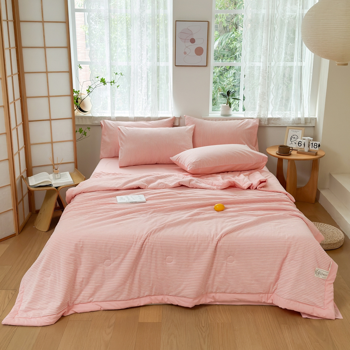 91家纺网 家纺一手货源 找家纺 雯雨家纺 2026新款A类全棉色织里外全棉夏被 粉细条