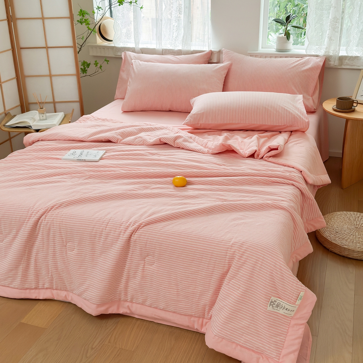 91家纺网 家纺一手货源 找家纺 雯雨家纺 2026新款A类全棉色织里外全棉夏被 粉细条