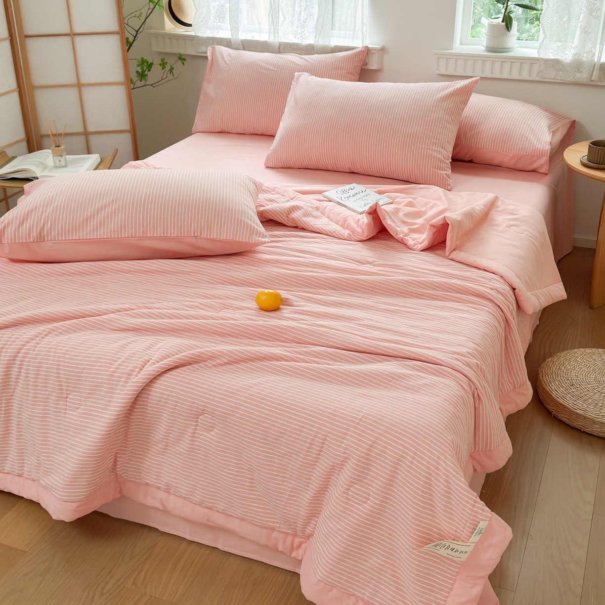 91家纺网 家纺一手货源 找家纺 雯雨家纺 2026新款A类全棉色织里外全棉夏被 粉细条