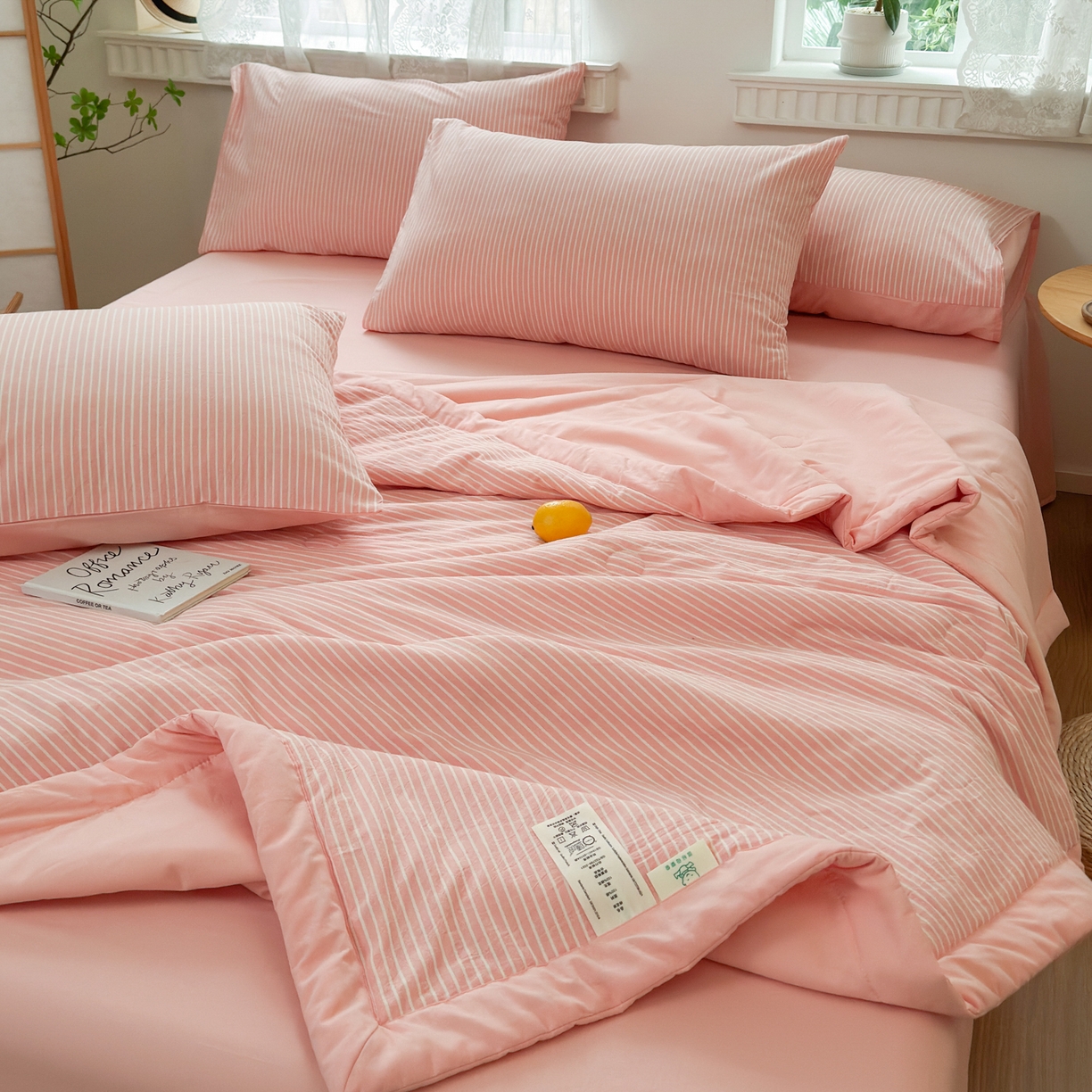 91家纺网 家纺一手货源 找家纺 雯雨家纺 2026新款A类全棉色织里外全棉夏被 粉细条