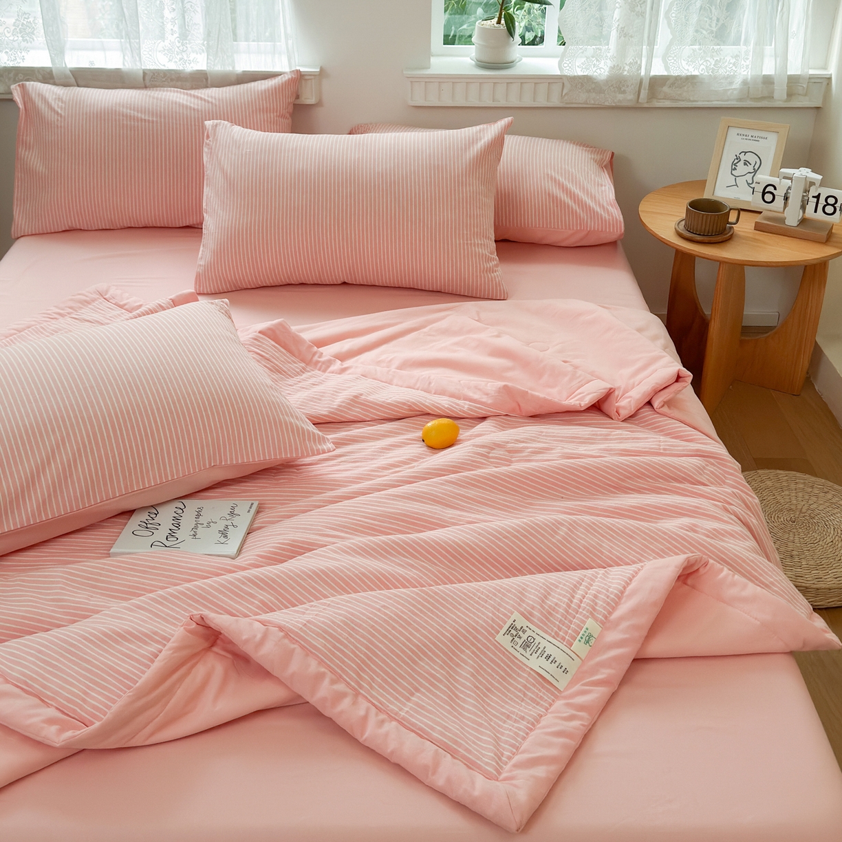 91家纺网 家纺一手货源 找家纺 雯雨家纺 2026新款A类全棉色织里外全棉夏被 粉细条