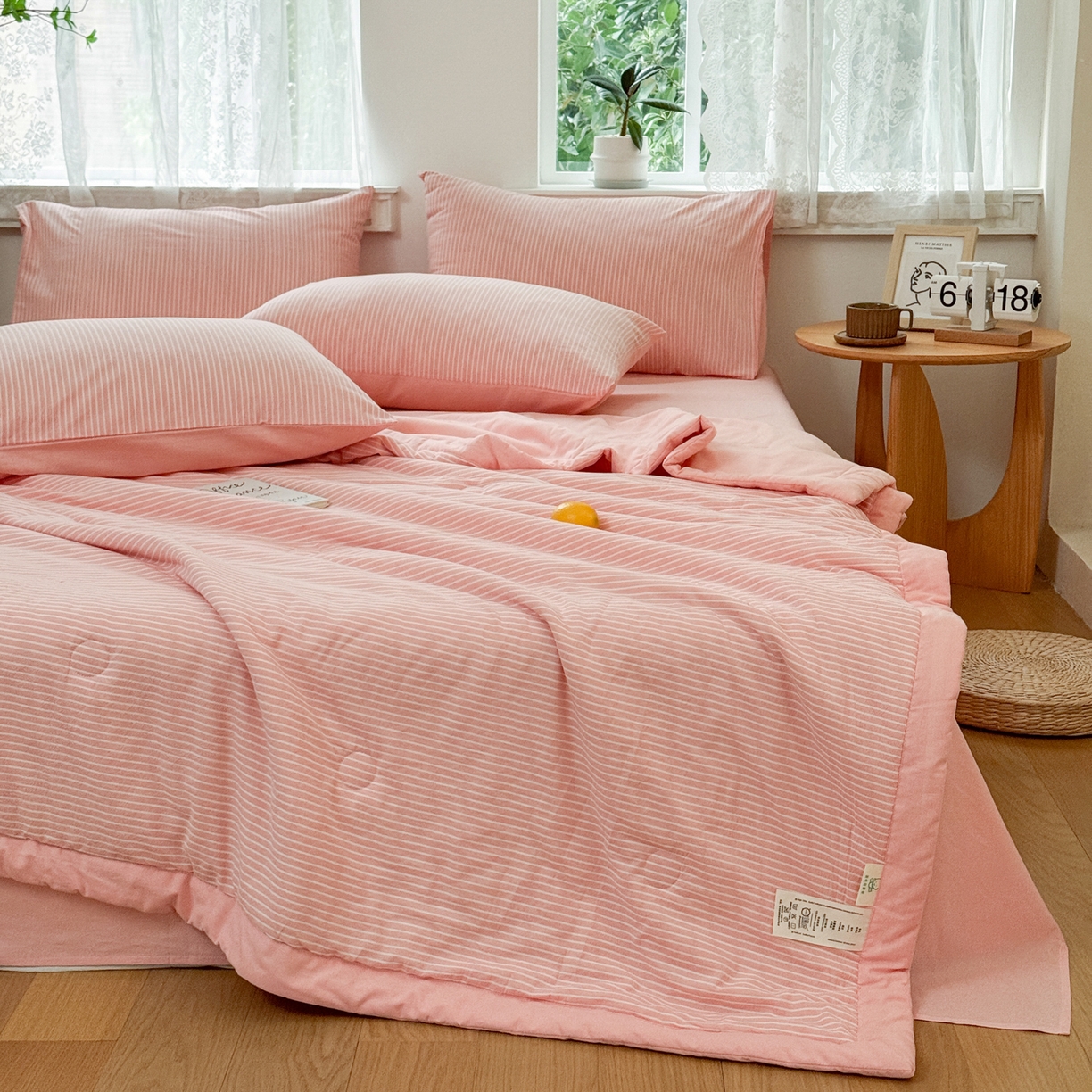 91家纺网 家纺一手货源 找家纺 雯雨家纺 2026新款A类全棉色织里外全棉夏被 粉细条