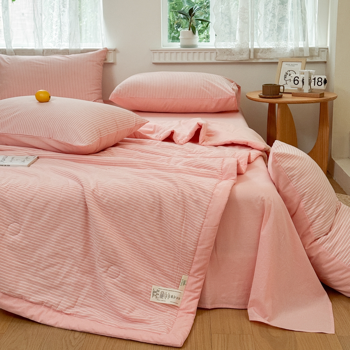 91家纺网 家纺一手货源 找家纺 雯雨家纺 2026新款A类全棉色织里外全棉夏被 粉细条