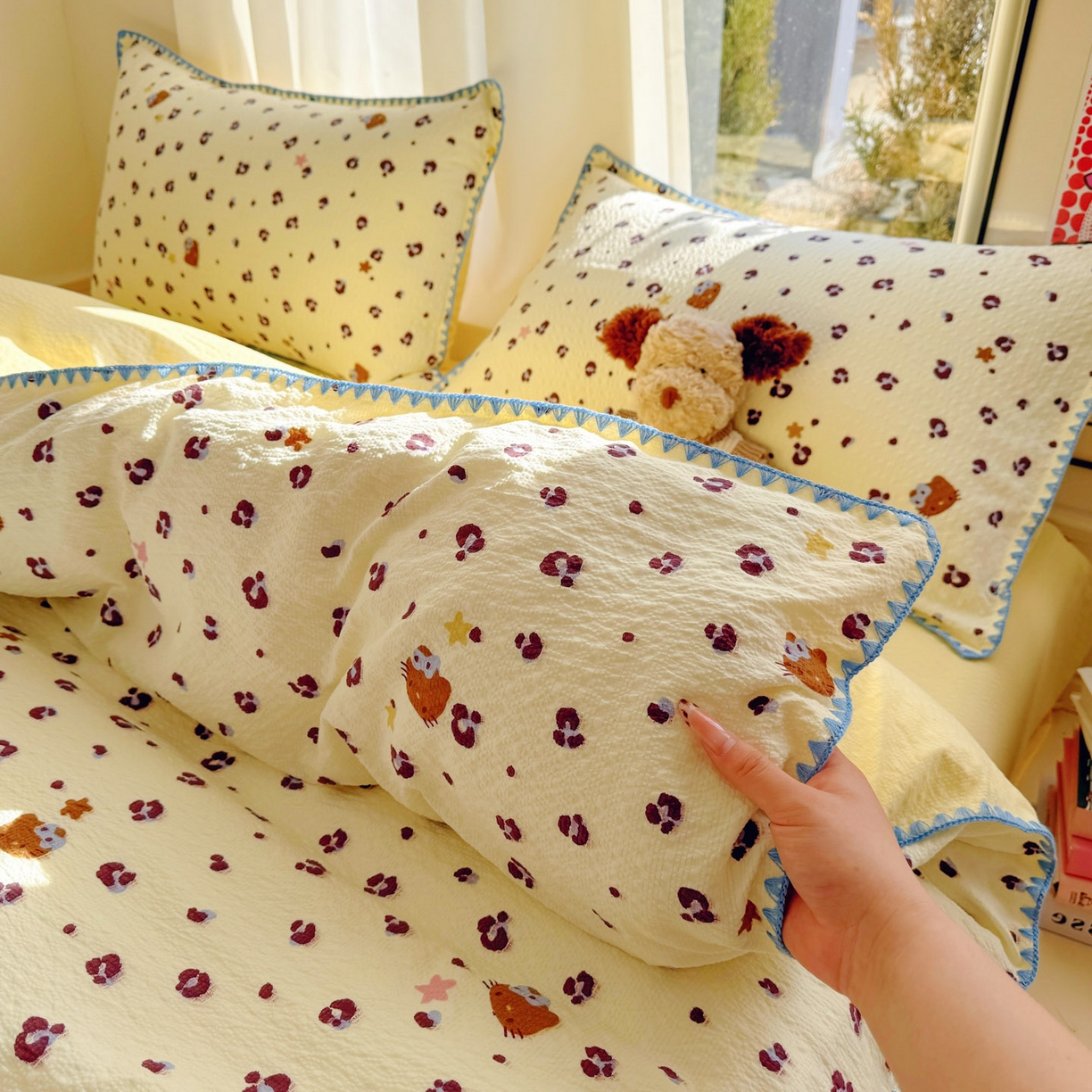 91家纺网 家纺一手货源 找家纺 （总）玉海棠家纺 2026新款高品质A类泡芙纱甜栗贝壳边套件系列-小红书推荐（110g）