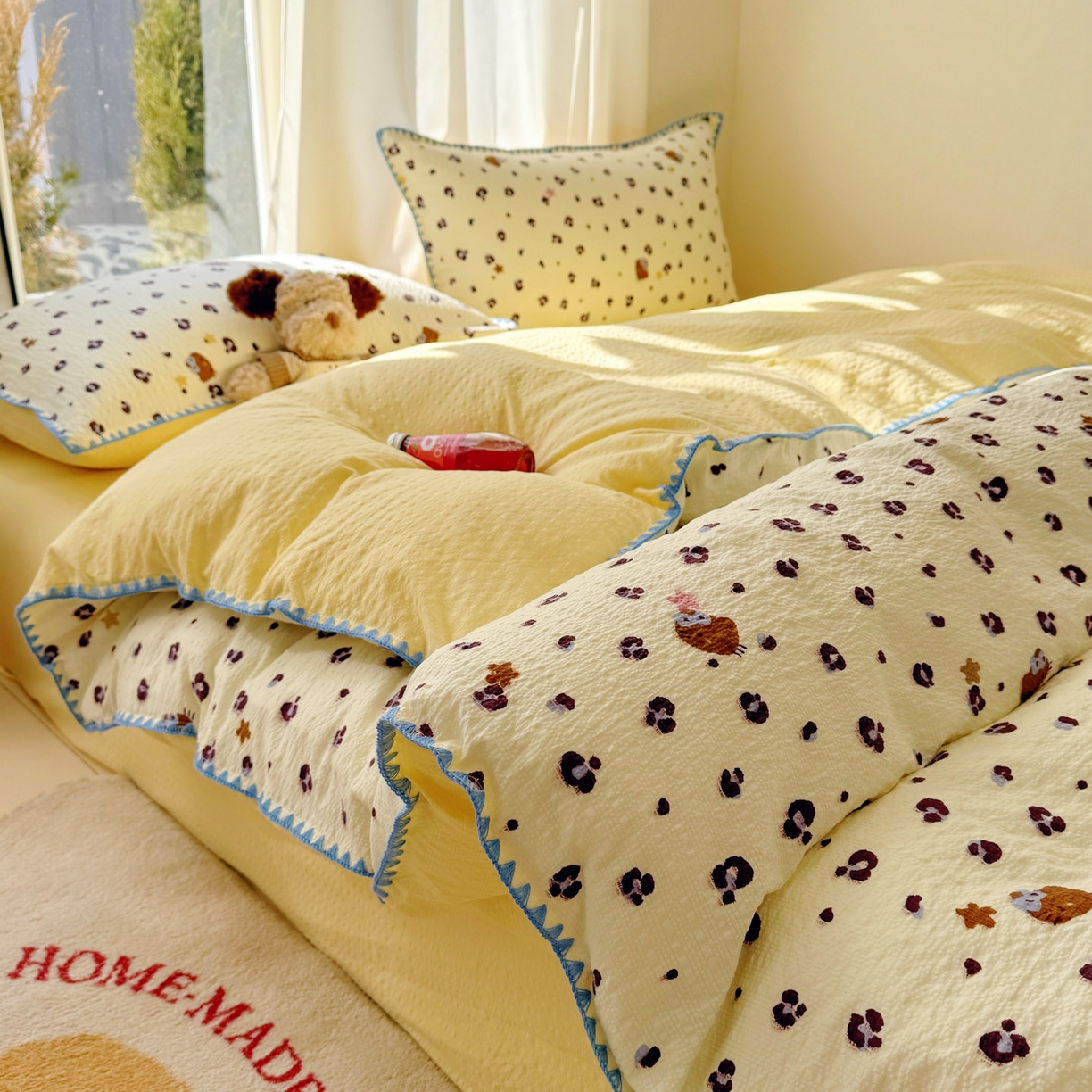 91家纺网 家纺一手货源 找家纺 （总）玉海棠家纺 2026新款高品质A类泡芙纱甜栗贝壳边套件系列-小红书推荐（110g）