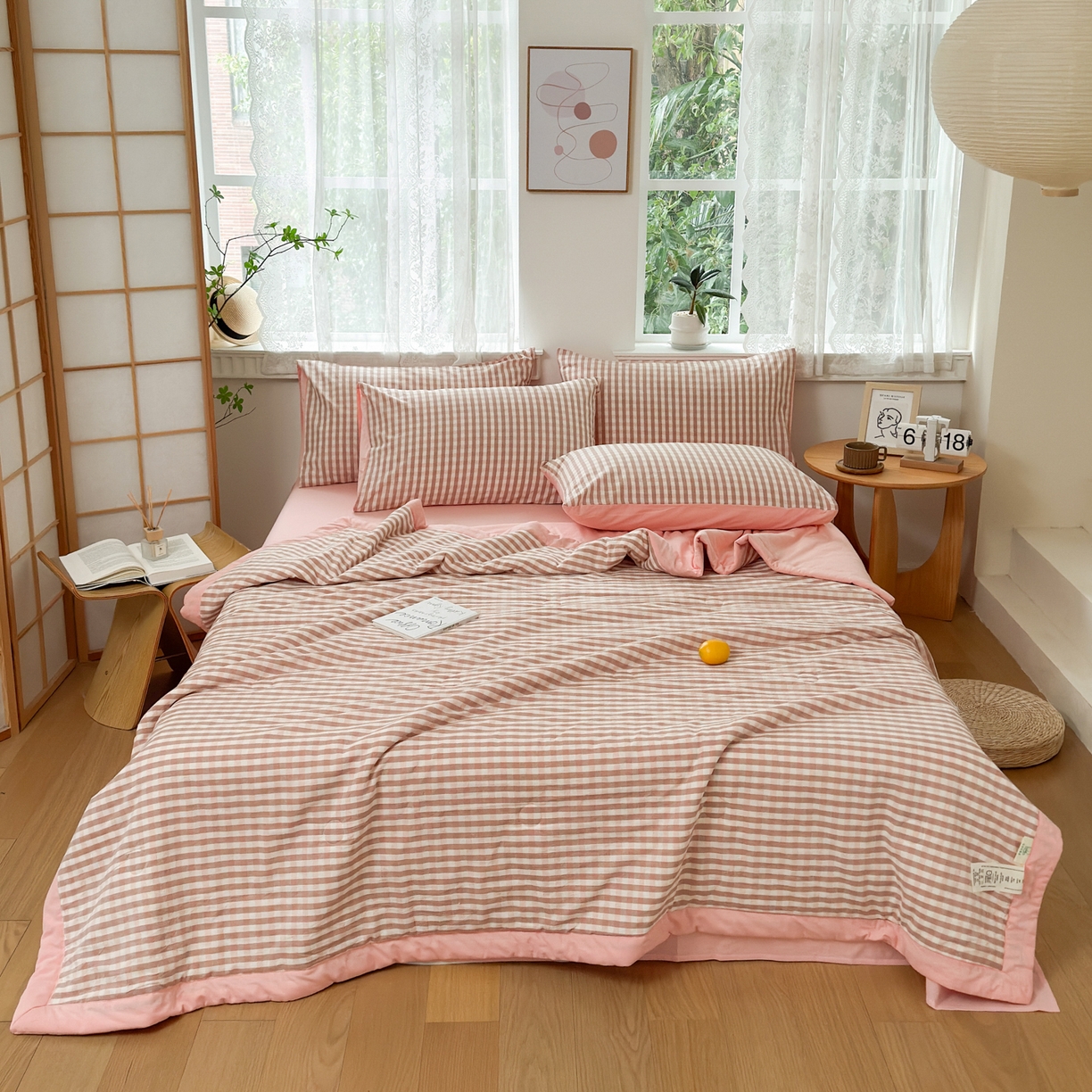 91家纺网 家纺一手货源 找家纺 雯雨家纺 2026新款A类全棉色织里外全棉夏被 粉小格