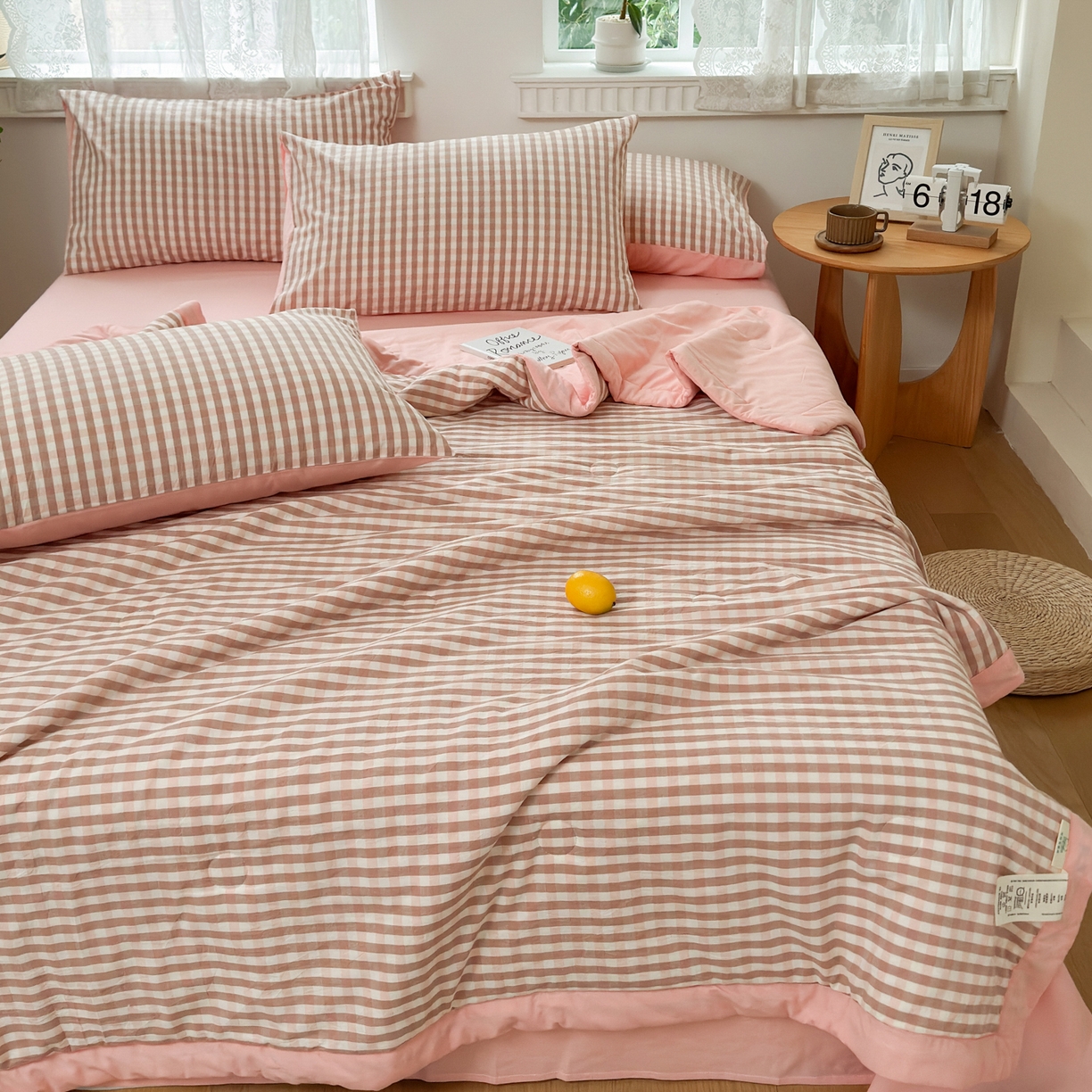 91家纺网 家纺一手货源 找家纺 雯雨家纺 2026新款A类全棉色织里外全棉夏被 粉小格