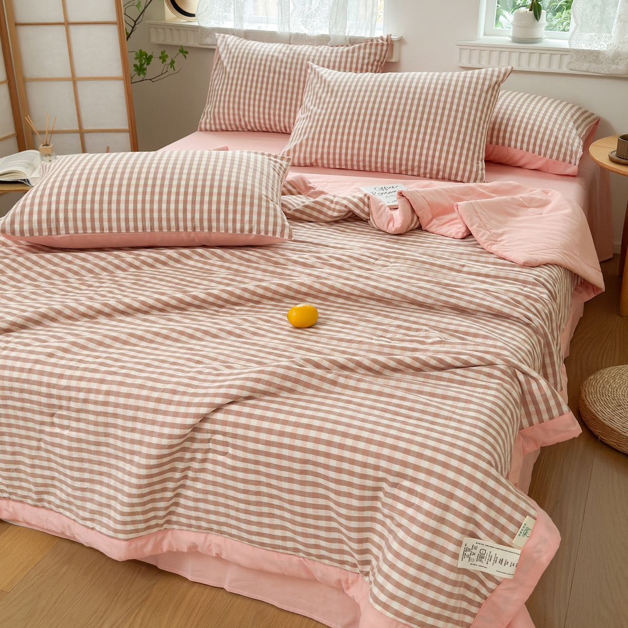 91家纺网 家纺一手货源 找家纺 雯雨家纺 2026新款A类全棉色织里外全棉夏被 粉小格