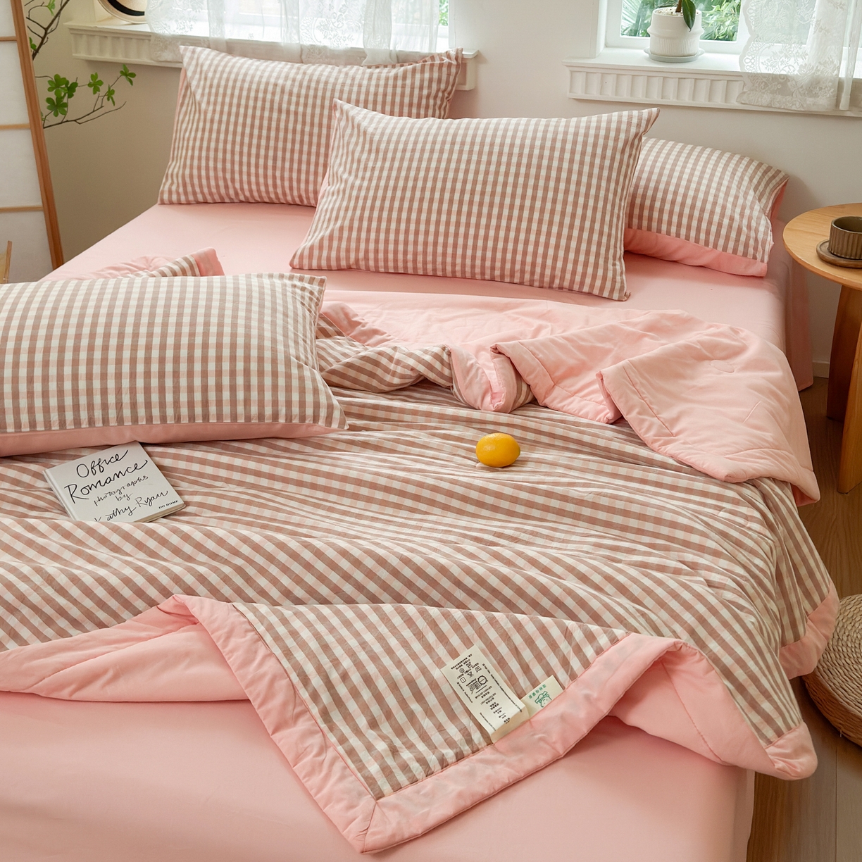 91家纺网 家纺一手货源 找家纺 雯雨家纺 2026新款A类全棉色织里外全棉夏被 粉小格