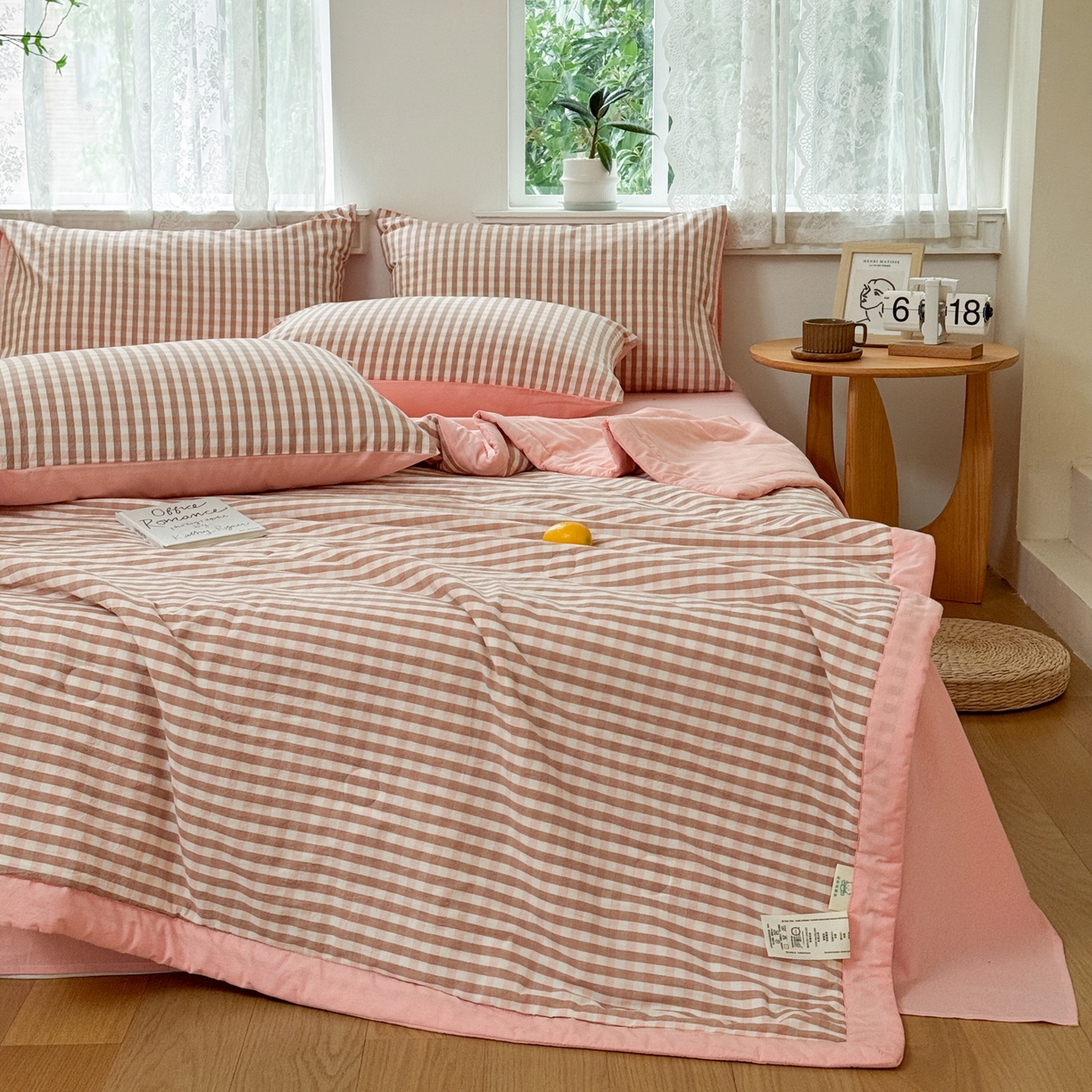 91家纺网 家纺一手货源 找家纺 雯雨家纺 2026新款A类全棉色织里外全棉夏被 粉小格