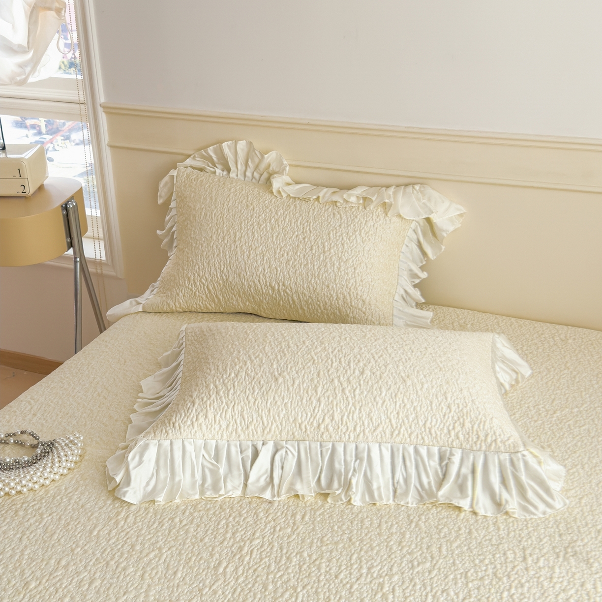 91家纺网 家纺一手货源 找家纺 （总）孩子王家纺 2026新款夏季凉感公主风冰豆豆花边凉席床裙款凉感值过0.21三件套可机洗冰丝空