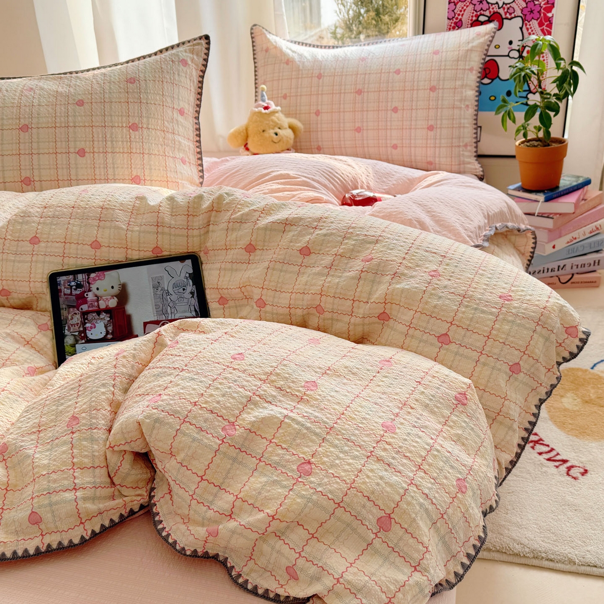 91家纺网 家纺一手货源 找家纺 （总）玉海棠家纺 2026新款高品质A类泡芙纱甜栗贝壳边套件系列-小红书推荐（110g）