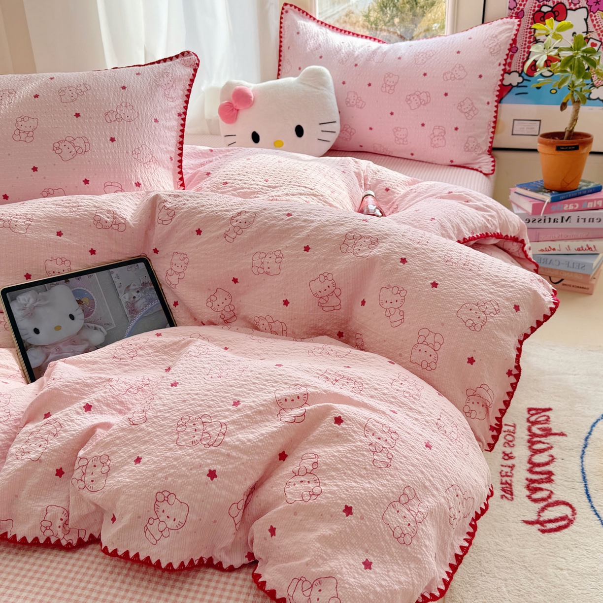 91家纺网 家纺一手货源 找家纺 （总）玉海棠家纺 2026新款高品质A类泡芙纱甜栗贝壳边套件系列-小红书推荐（110g）