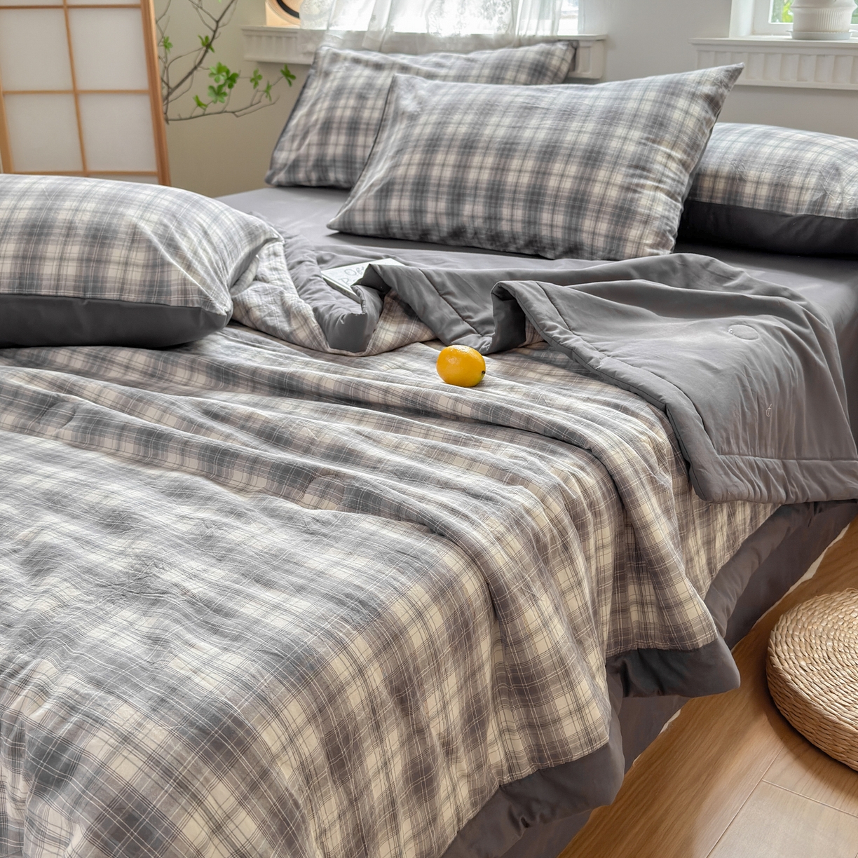 91家纺网 家纺一手货源 找家纺 雯雨家纺 2026新款A类全棉色织里外全棉夏被 光年灰