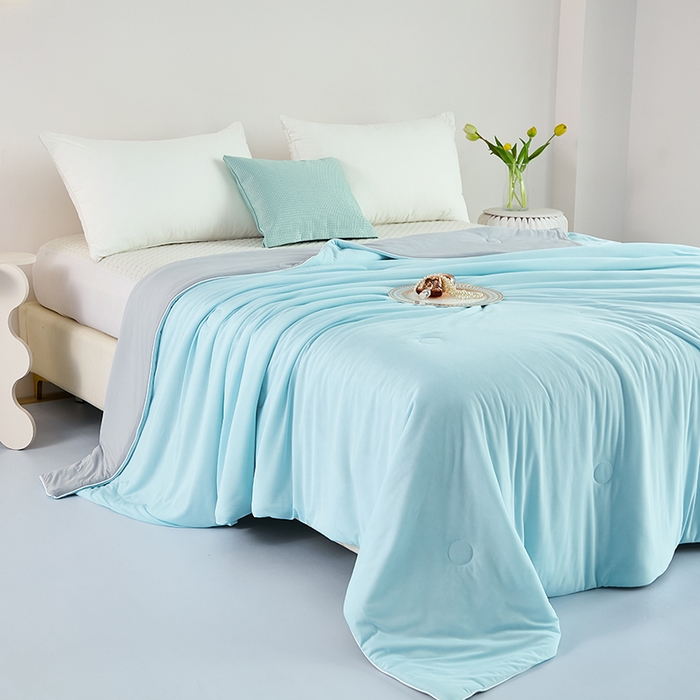 91家纺网 家纺一手货源 找家纺 美丽折家纺 2026新款A类氨纶凉感天丝夏被子被芯冰激凌夏被西瓜凉感丝 蓝拼灰