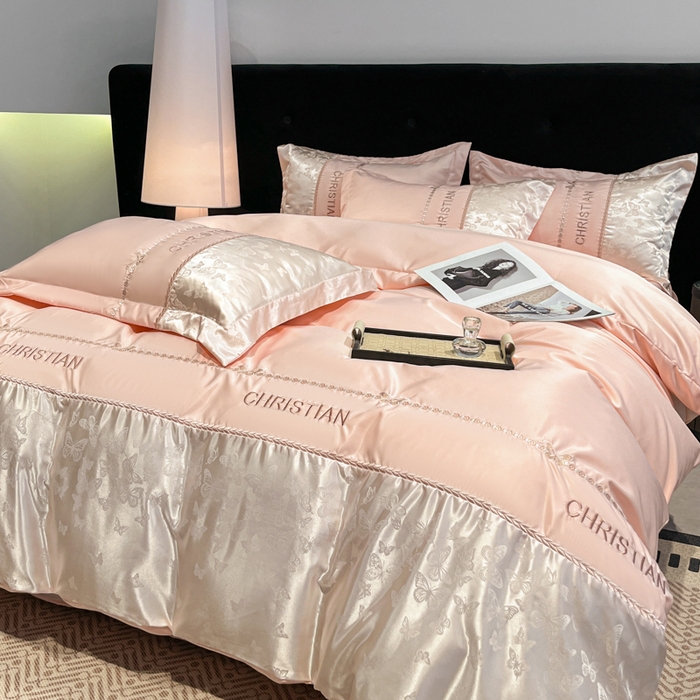 91家纺网 家纺一手货源 找家纺 （总）金牛座家纺 2026新款亮丝细斜纹贡缎提花重工刺绣四件套床盖四件套-醉蝶