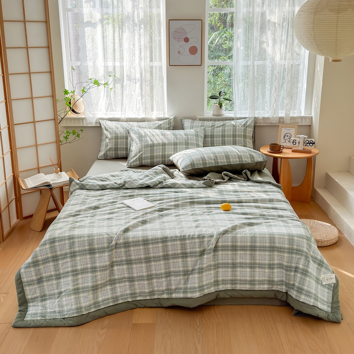 91家纺网 家纺一手货源 找家纺 雯雨家纺 2026新款A类全棉色织里外全棉夏被 光年绿