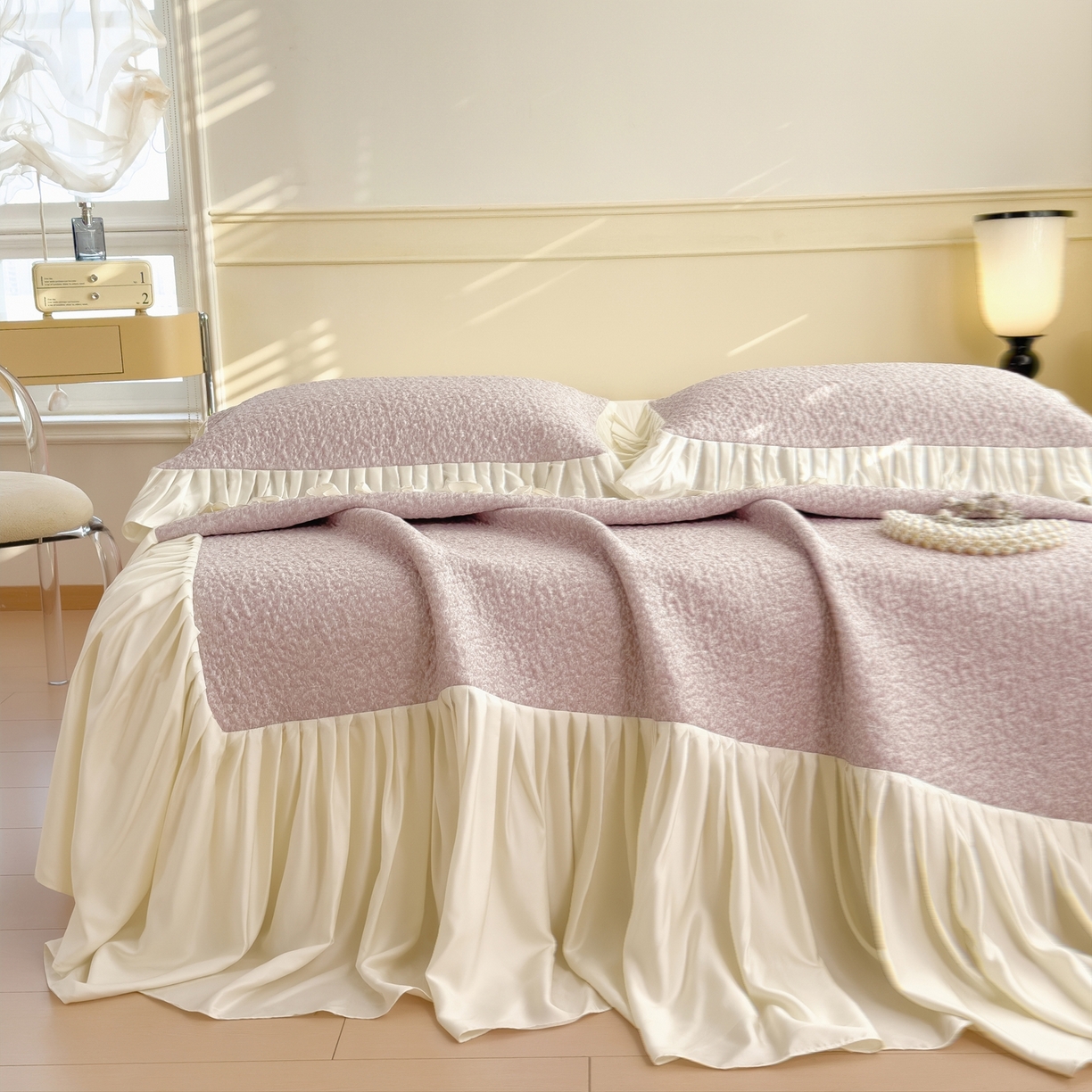 91家纺网 家纺一手货源 找家纺 （总）孩子王家纺 2026新款夏季凉感公主风冰豆豆花边凉席床裙款凉感值过0.21三件套可机洗冰丝空