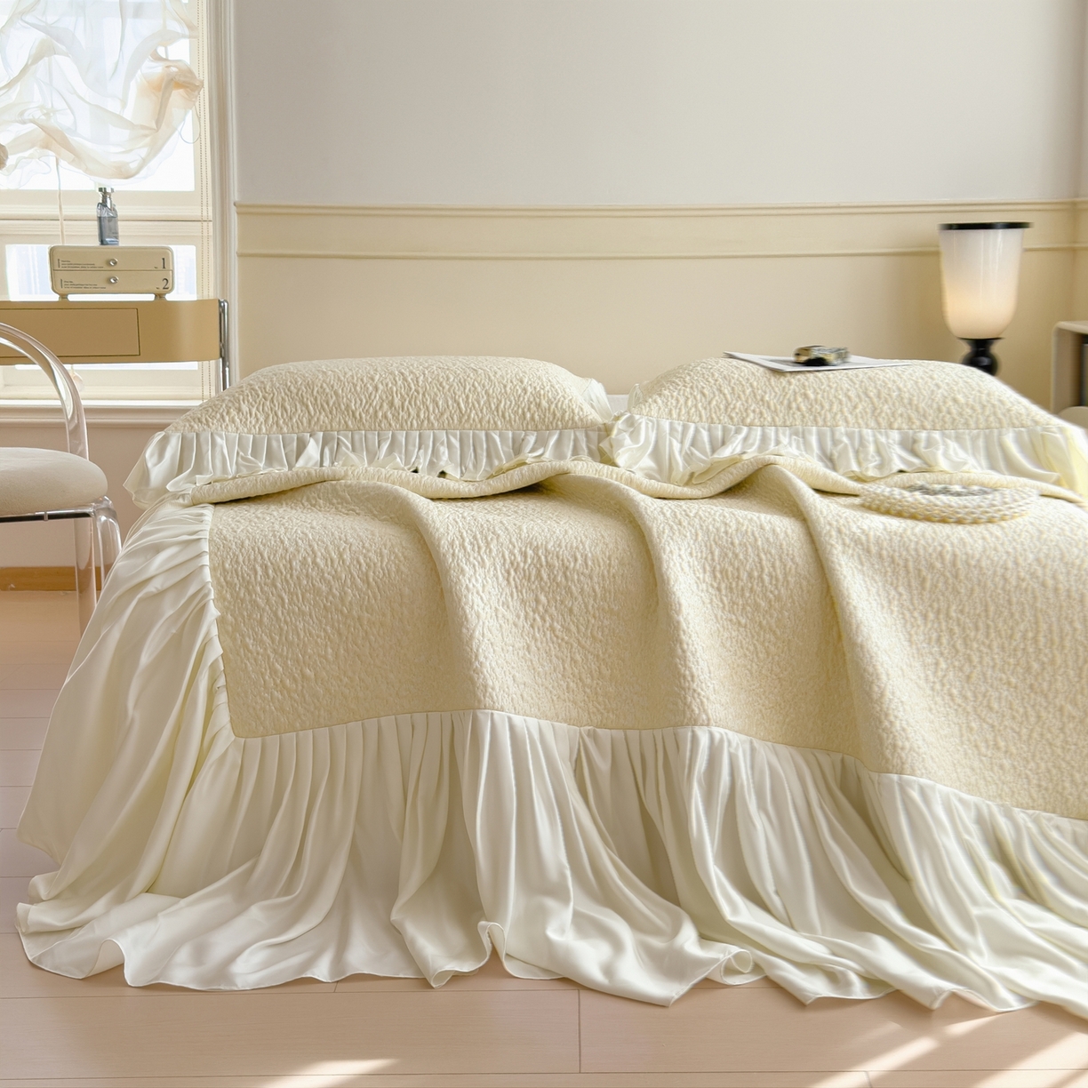 91家纺网 家纺一手货源 找家纺 （总）孩子王家纺 2026新款夏季凉感公主风冰豆豆花边凉席床裙款凉感值过0.21三件套可机洗冰丝空