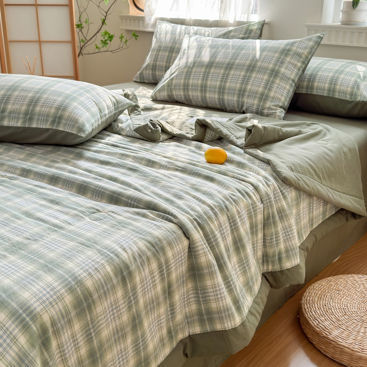 91家纺网 家纺一手货源 找家纺 雯雨家纺 2026新款A类全棉色织里外全棉夏被 光年绿