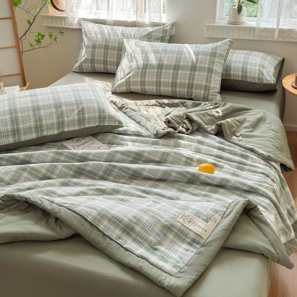 91家纺网 家纺一手货源 找家纺 雯雨家纺 2026新款A类全棉色织里外全棉夏被 光年绿