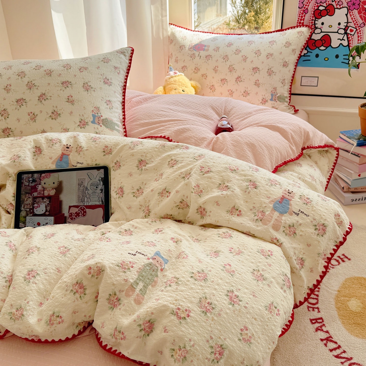 91家纺网 家纺一手货源 找家纺 （总）玉海棠家纺 2026新款高品质A类泡芙纱甜栗贝壳边套件系列-小红书推荐（110g）